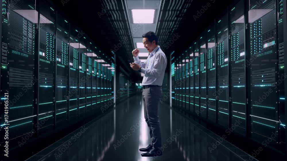 custom made wallpaper toronto digitalFull Body Side View Of An Asian Male Professional Worker Standing With His phone in Server Room Data Center, He Raises His Fist Up With Screaming Goal