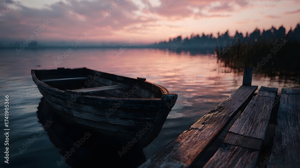 Obraz premium Wooden rowboat docked on a tranquil lake at sunrise reflecting soft colors