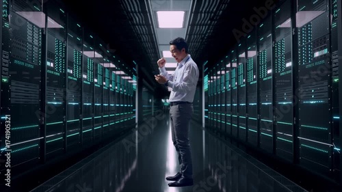 Wallpaper Mural Full Body Side View Of An Asian Male Professional Worker Standing With His phone in Server Room Data Center, He Raises His Fist Up With Screaming Goal Torontodigital.ca