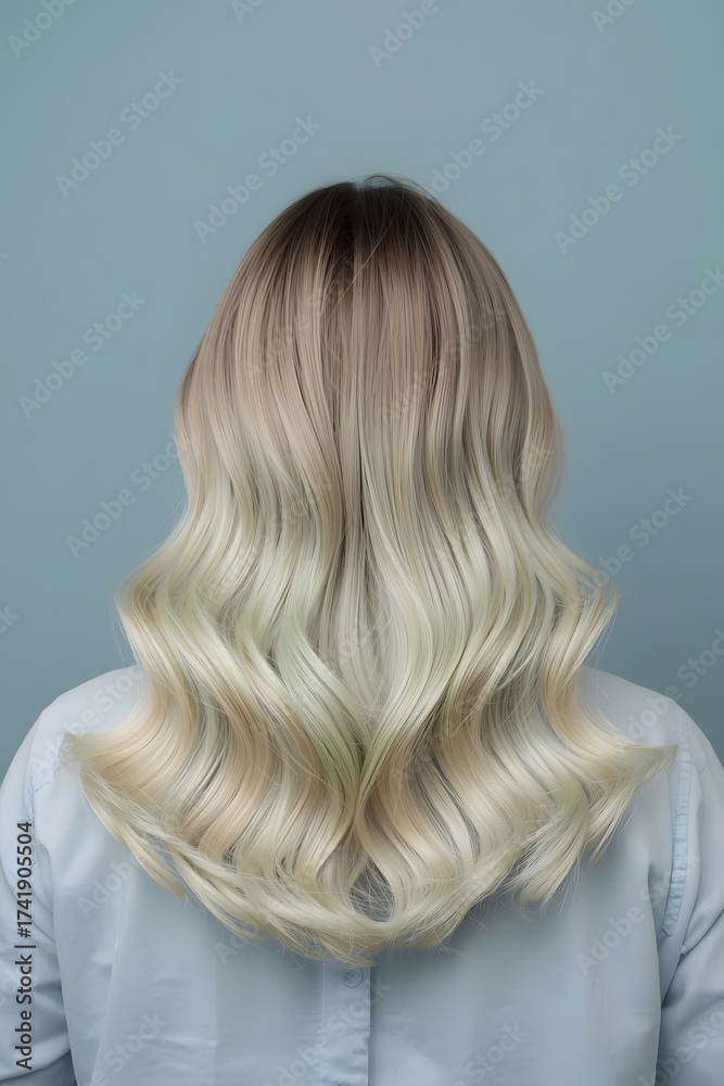 Naklejka premium Soft studio portrait showing the back view of long blonde hair with smooth gradient color transitioning into cool light ends, styled in defined flowing wave patterns for modern beauty and professional