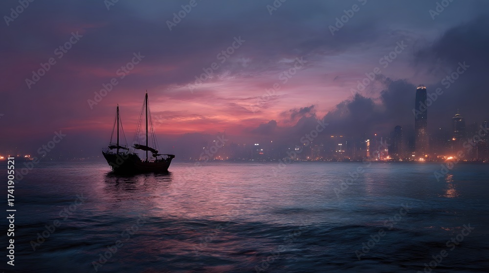 Fototapeta premium Traditional junk boat sails on calm water against a vibrant twilight city skyline with glowing lights