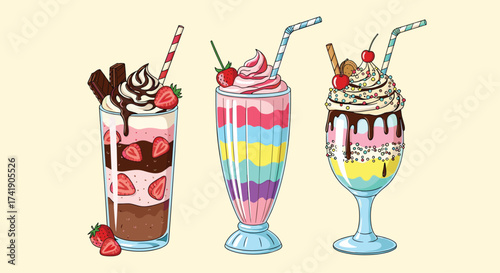 Three colorful and delicious milkshakes with strawberries and whipped cream.