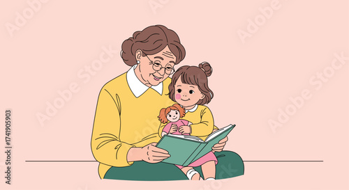 A grandmother reads a book to her granddaughter at home.