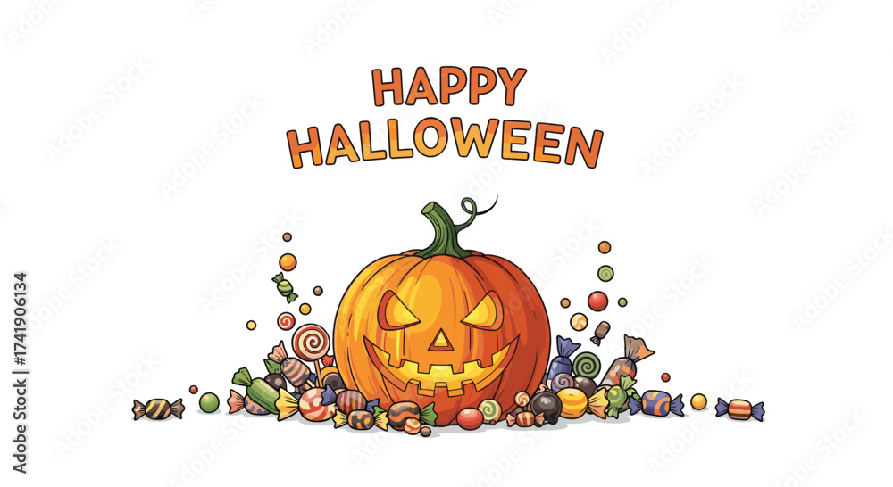Naklejka premium Happy Halloween with a carved pumpkin and candy scattered around it.