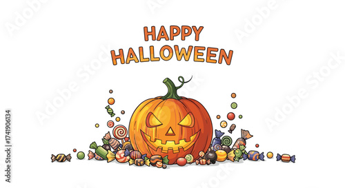 Happy Halloween with a carved pumpkin and candy scattered around it.