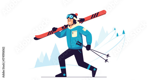 A cheerful skier walks with skis and poles over snowy hills.