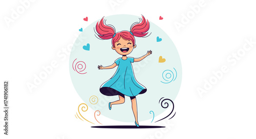 A cheerful young girl with pink pigtails dances happily in a blue dress.