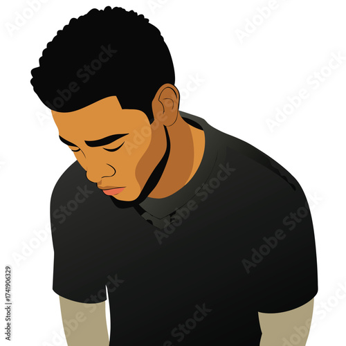 Ashamed guy looking down with a crestfallen expression, showing guilt, regret, and low self-esteem, isolated against a simple white background.