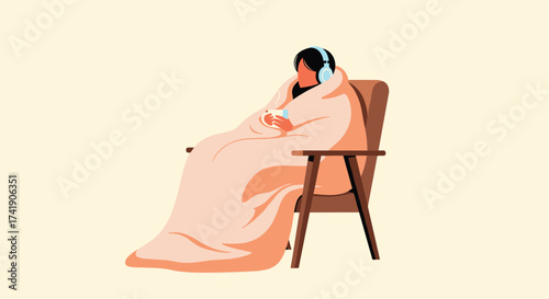 Relaxing in a warm blanket with headphones and a drink.