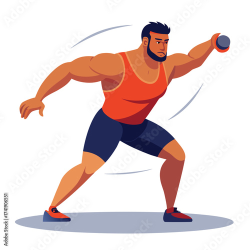 Athletic male in the classic shot put throwing stance, ready to launch the heavy ball, symbolizing track and field, strength, and competition.