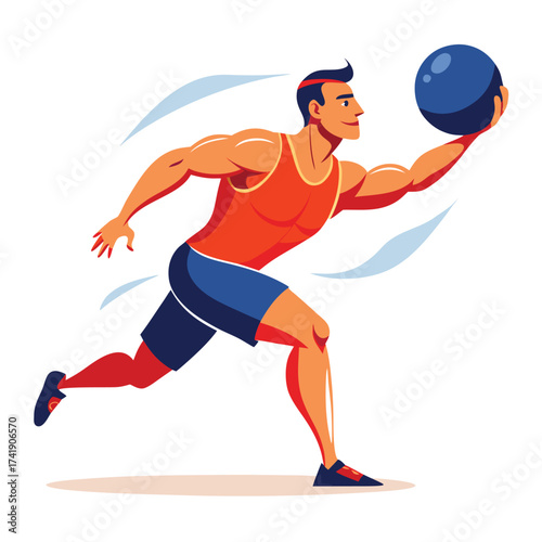 Athletic male performing a medicine ball slam exercise with intense focus, symbolizing functional training, power, and dynamic core strength on white.