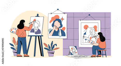 Artist creating self portrait in studio