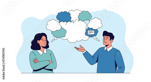 Two people in conversation with thought bubbles above their heads.