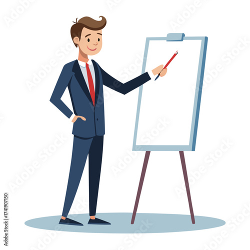 Businessman writing on an invisible board or screen with an index finger, illustrating presentation, idea generation, and strategic planning.