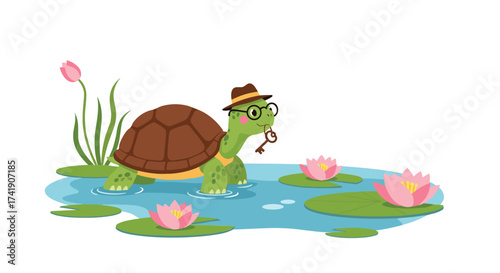 A wise turtle with glasses and a hat carries a key in his mouth.