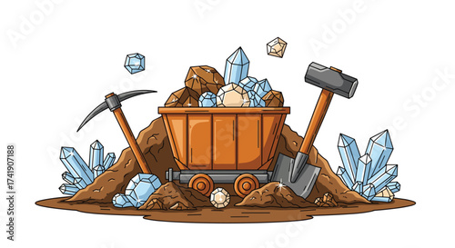 Mining cart full of precious gems and crystals found underground.