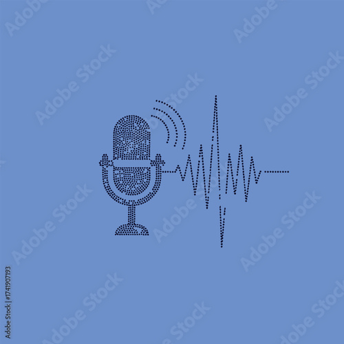 Dotted microphone with sound wave on a solid blue representing audio recording or voice communication technology