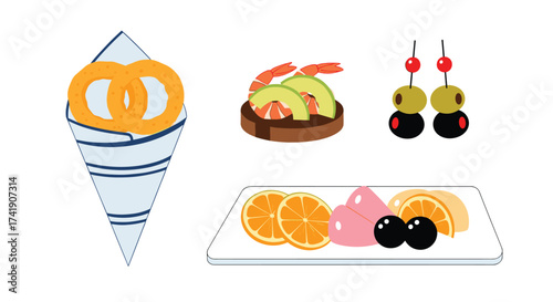 A collection of delicious and assorted appetizers arranged on a platter and served in a cone.