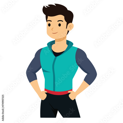 Casual guy performing simple shoulder rolls, a movement used for relieving tension and warming up the upper body, isolated on a white background.