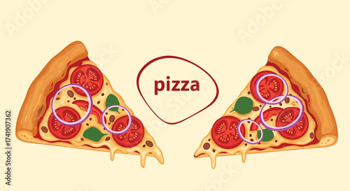 Delicious pizza slices with tomato and onion toppings.