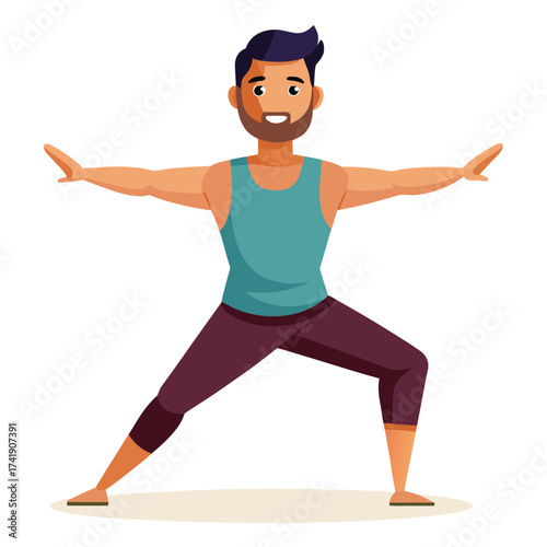 Casual guy performing the strong and grounded warrior one (Virabhadrasana) yoga pose, symbolizing strength, courage, and focus on a white background.