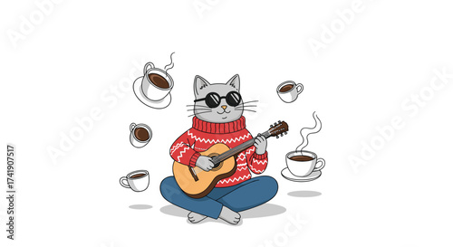 A cool cat wearing a sweater and sunglasses plays the ukulele surrounded by coffee cups.