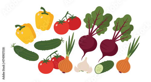 A vibrant collection of fresh produce featuring bell peppers tomatoes cucumbers beets onions garlic and leafy greens.