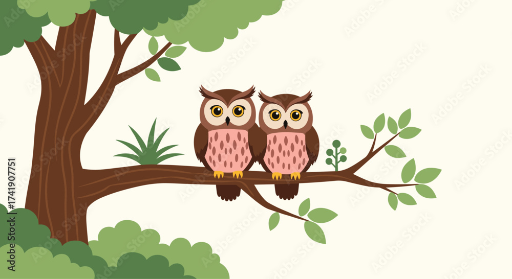 Obraz premium Two cute owls sitting together on a tree branch under the leaves.
