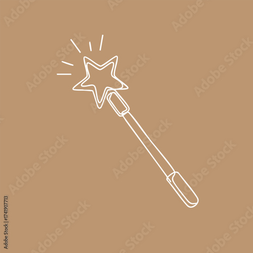 Minimalist line drawing of a magic wand with a star-shaped tip on a neutral