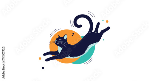 A sleek black cat leaps across a colorful abstract background.