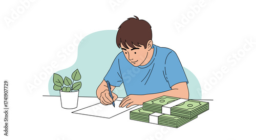 Young boy meticulously writing at a desk with stacks of cash.