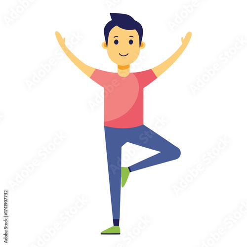 Casual male performing the challenging yoga tree pose (Vrksasana), symbolizing balance, focus, and inner strength on a pure white background.