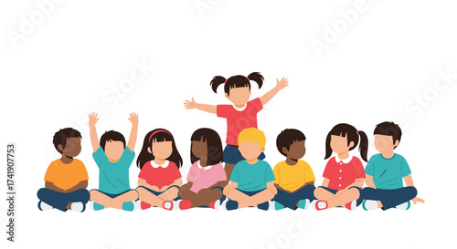 A group of diverse children sitting on the floor during a lesson.