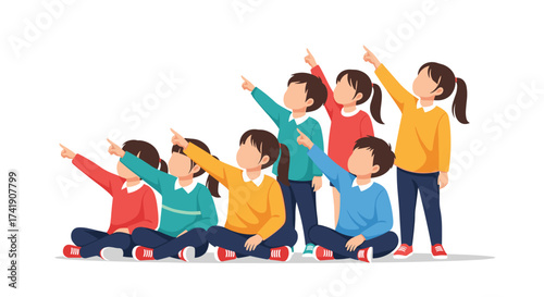 A diverse group of children pointing upwards together with curiosity.