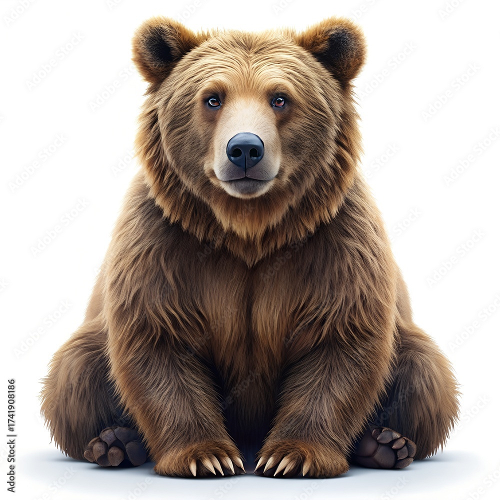 Fototapeta premium Brown bear sitting facing forward on white background