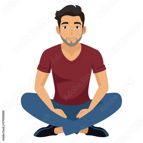 Casual man performing a deep seated forward fold stretch, touching his toes, an important yoga or flexibility exercise on a white backdrop.