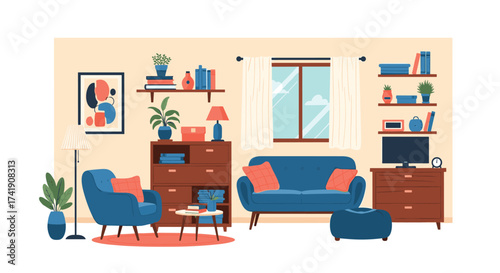 A cozy living room with blue furniture and art on the wall.