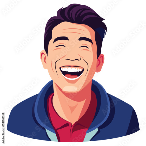 Cheerful man laughing heartily with his head thrown back, showing genuine joy, happiness, and a carefree attitude on a pure white backdrop.