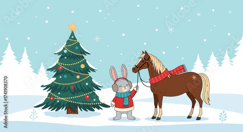 A cute bunny and a horse prepare for christmas celebration.