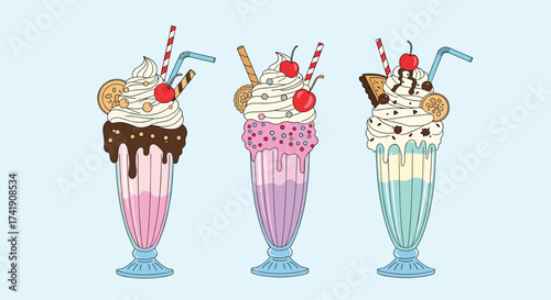Three delicious colorful milkshakes with whipped cream and cherries.