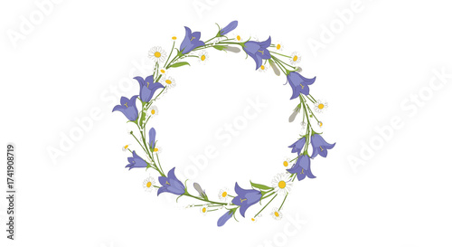A delicate circle of bluebell flowers and small white blossoms forms a wreath.