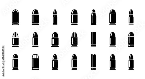 A collection of stylized black and white ammunition icons arranged in rows, depicting various bullet types for use in design and illustration projects.