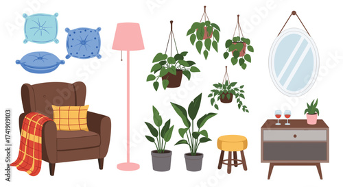 A cozy armchair with a blanket and pillows beside a floor lamp and potted plants on a dresser with wine glasses and a mirror above.