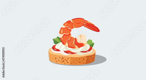 A delicious seafood appetizer with shrimp and sauce on bread.