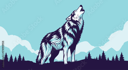 A lone wolf howls at the moon under a vast blue sky.
