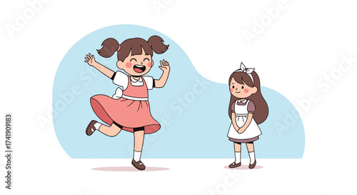 Two young girls dancing and watching each other with smiles.