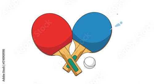 Two crossed ping pong paddles with a white ball in between.
