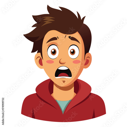 A young guy with wide eyes and a deeply scared, fearful expression, showing strong emotion and anxiety, isolated against a simple white background.