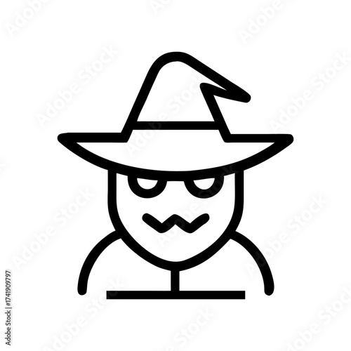 Simple line art icon of a scary wizard or witch wearing a hat
