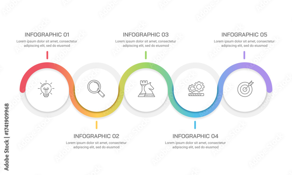 Fototapeta premium Horizontal 5 Steps Infographic Timeline for Business Process Development, Project Planning, and Strategy Implementation. Vector illustration.